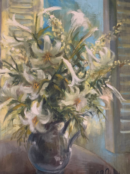 Obraz "Lilie w wazonie" olej na płótnie sygnowany