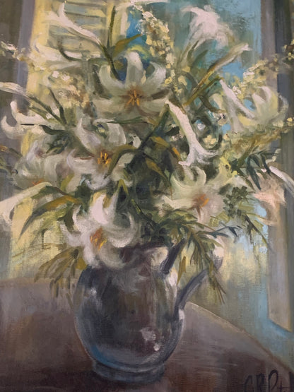 Obraz "Lilie w wazonie" olej na płótnie sygnowany
