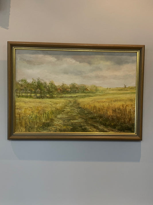 Obraz J. Zgorzałek "Wiejski pejzaż ze stogami i wiatrakiem" 1988 r.