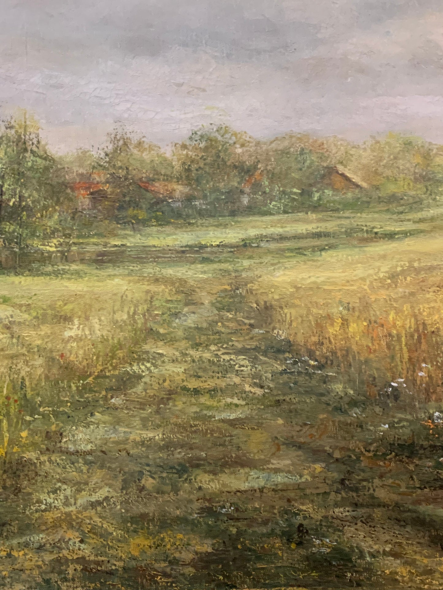 Obraz J. Zgorzałek "Wiejski pejzaż ze stogami i wiatrakiem" 1988 r.