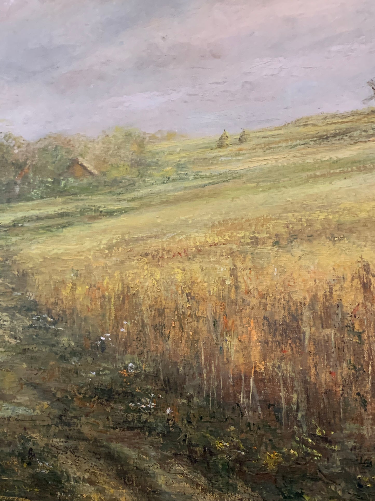 Obraz J. Zgorzałek "Wiejski pejzaż ze stogami i wiatrakiem" 1988 r.