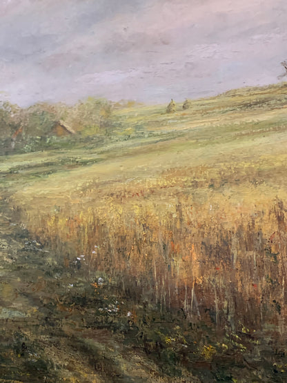 Obraz J. Zgorzałek "Wiejski pejzaż ze stogami i wiatrakiem" 1988 r.