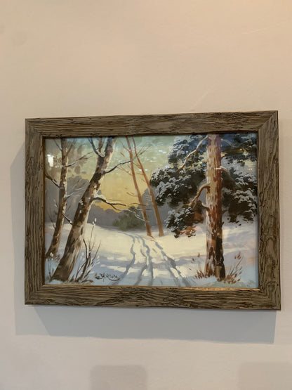 Obraz pejzaż zimowy, akwarela, H. Klotz