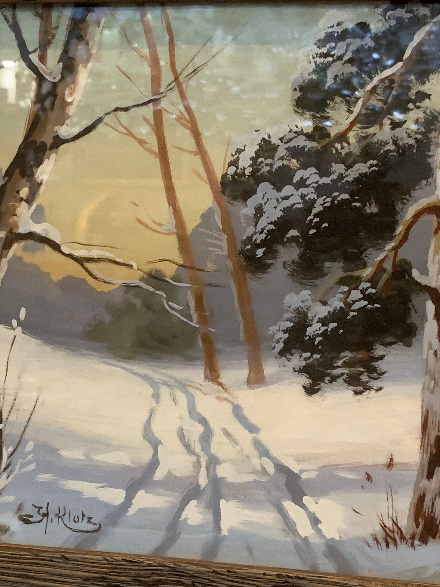 Obraz pejzaż zimowy, akwarela, H. Klotz