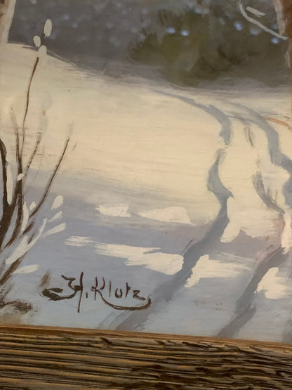 Obraz pejzaż zimowy, akwarela, H. Klotz