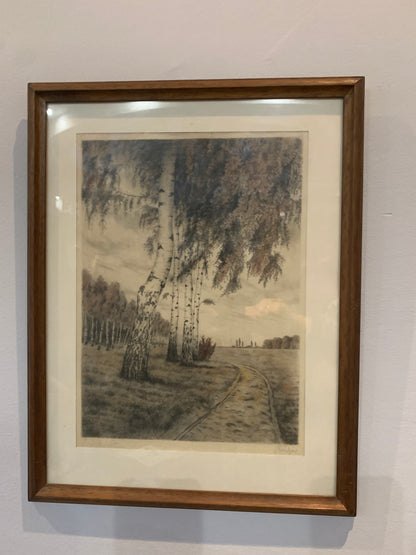 Grafika pejzaż brzozy, droga, sygnowana