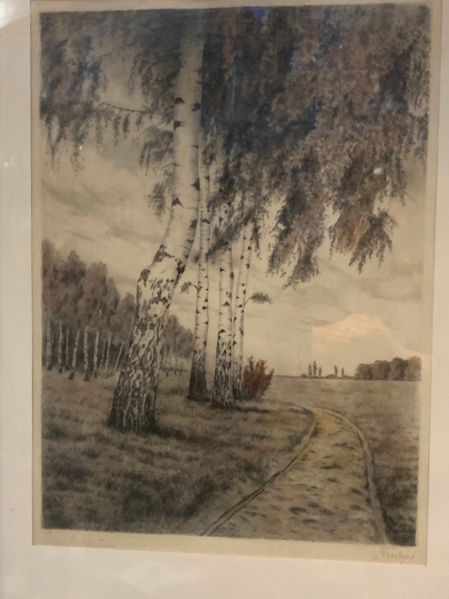 Grafika pejzaż brzozy, droga, sygnowana