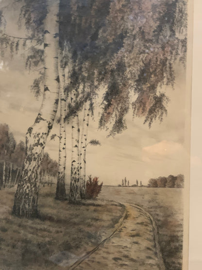 Grafika pejzaż brzozy, droga, sygnowana