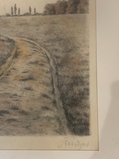 Grafika pejzaż brzozy, droga, sygnowana