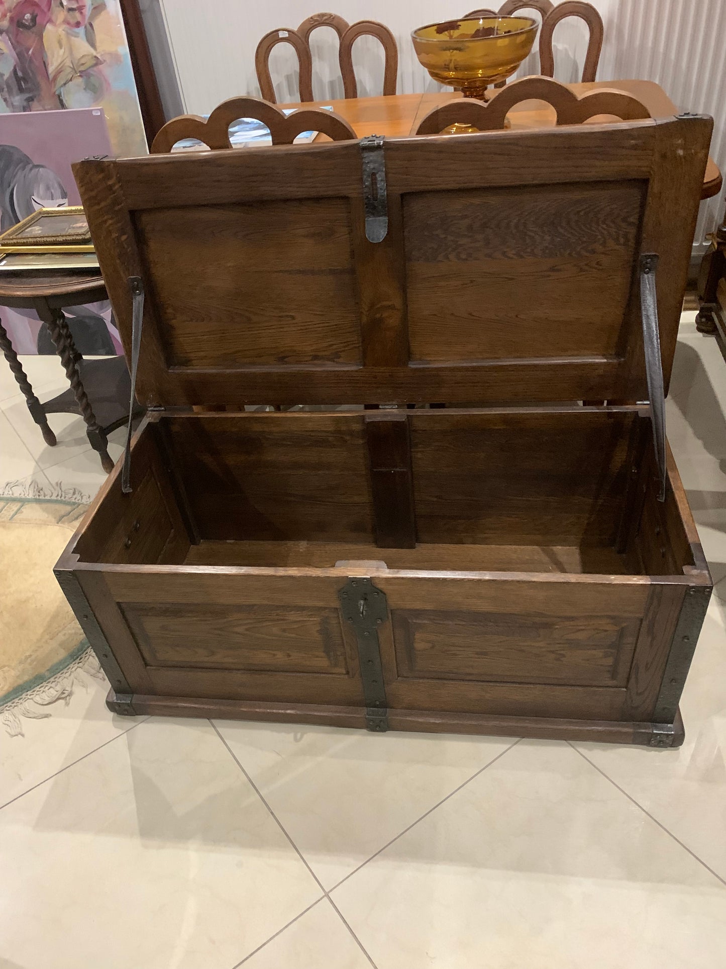 Oak chest, fittings, signed Twaróg furniture factory