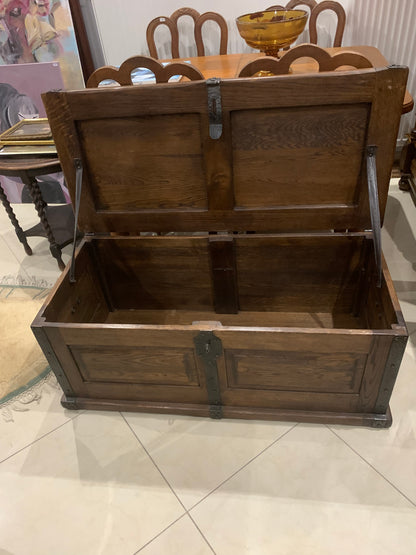 Oak chest, fittings, signed Twaróg furniture factory