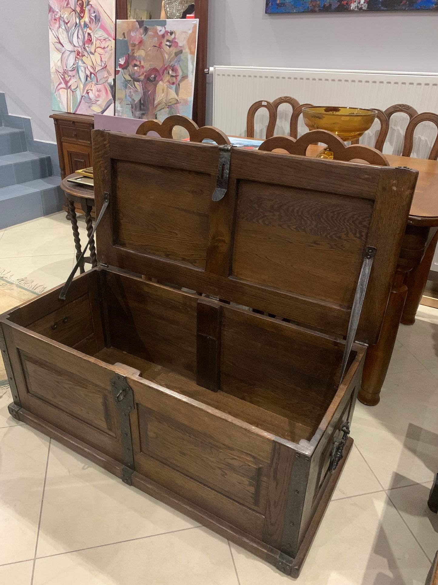 Oak chest, fittings, signed Twaróg furniture factory