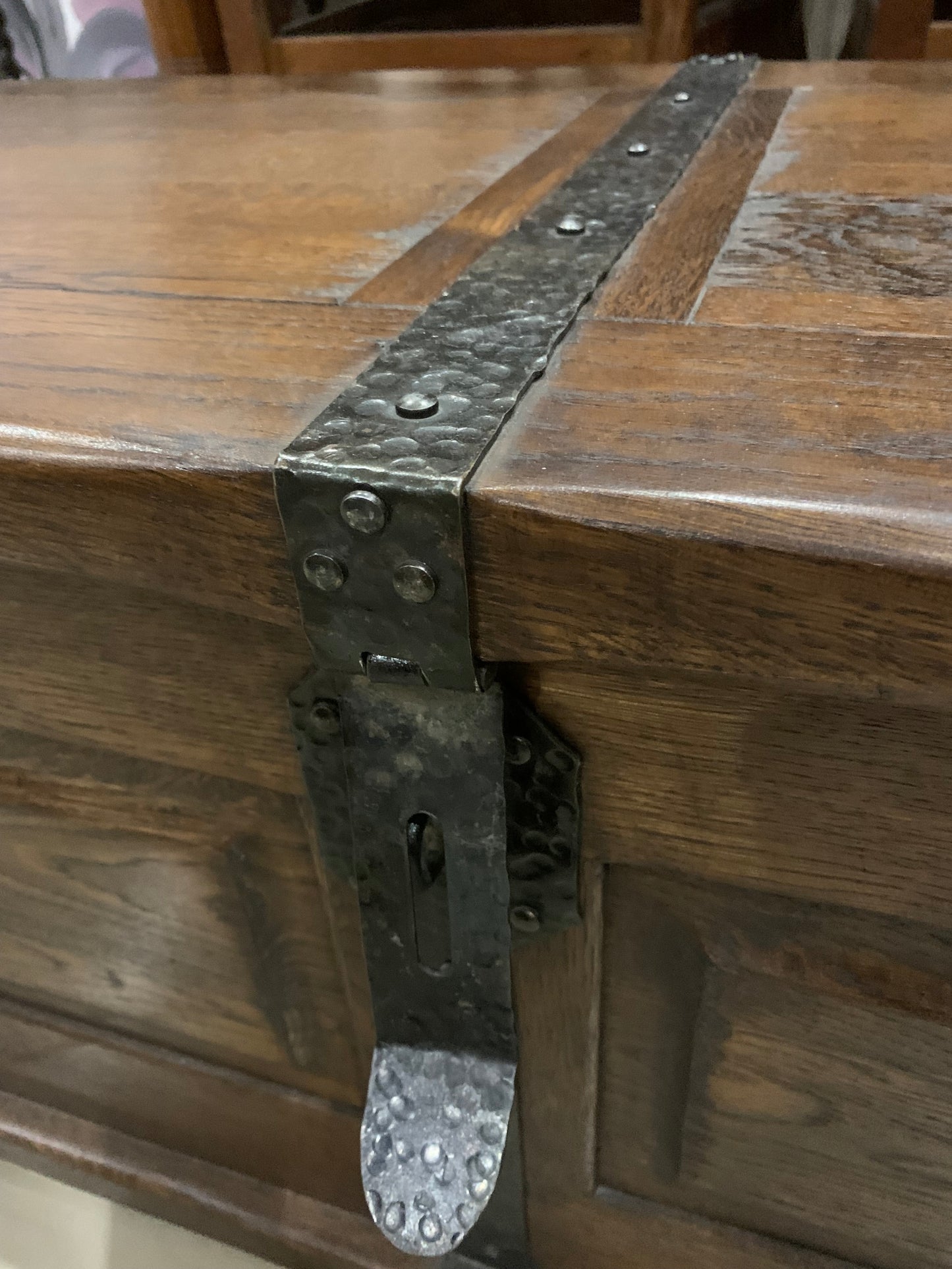 Oak chest, fittings, signed Twaróg furniture factory