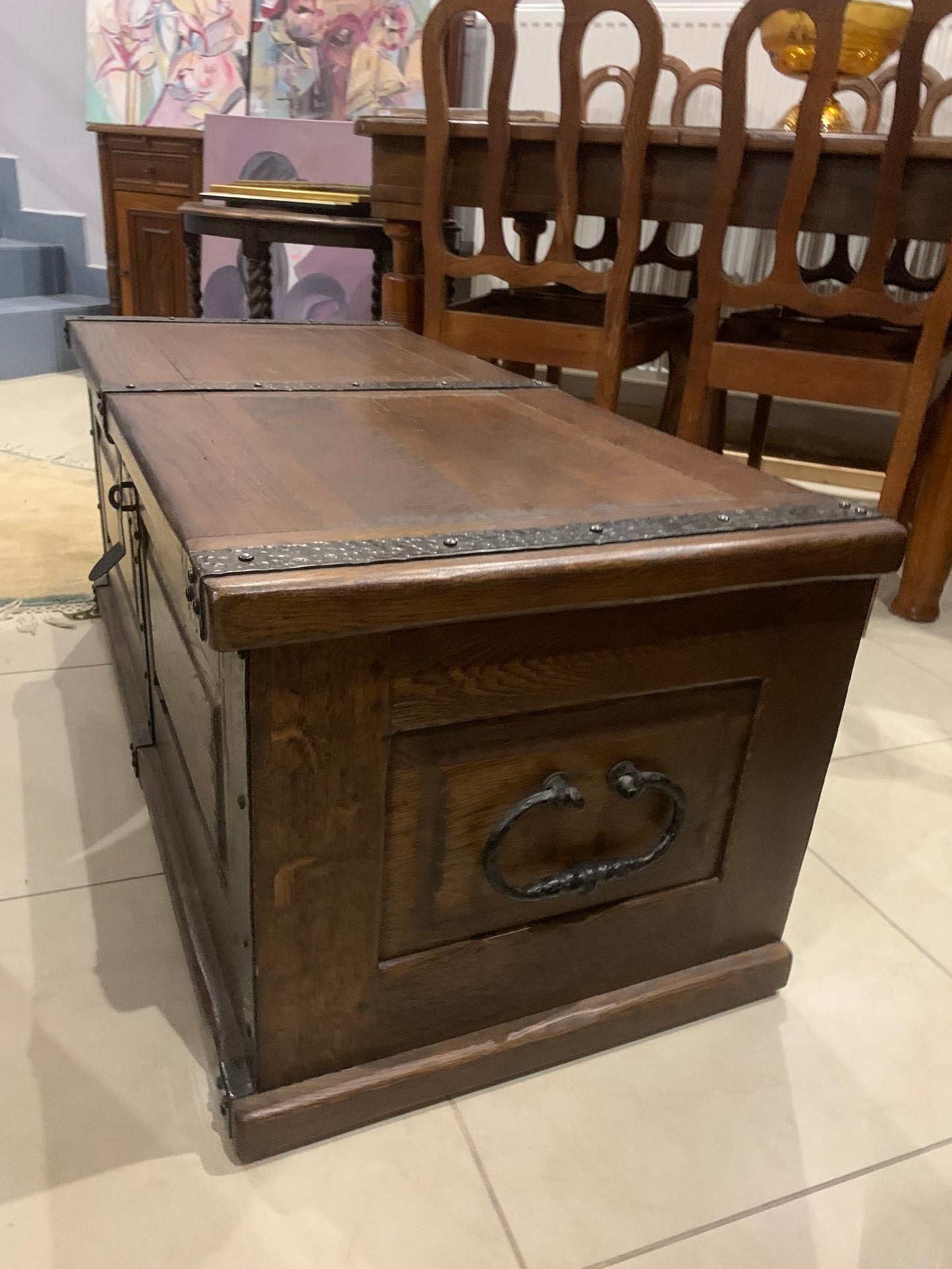 Oak chest, fittings, signed Twaróg furniture factory