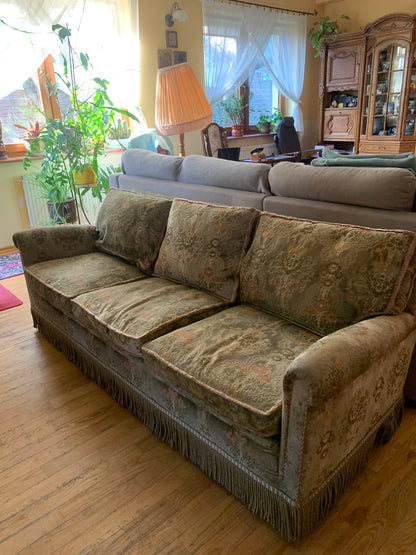 Sofa secesyjna 3-osobowa +fotel, wypoczynek z frędzlami