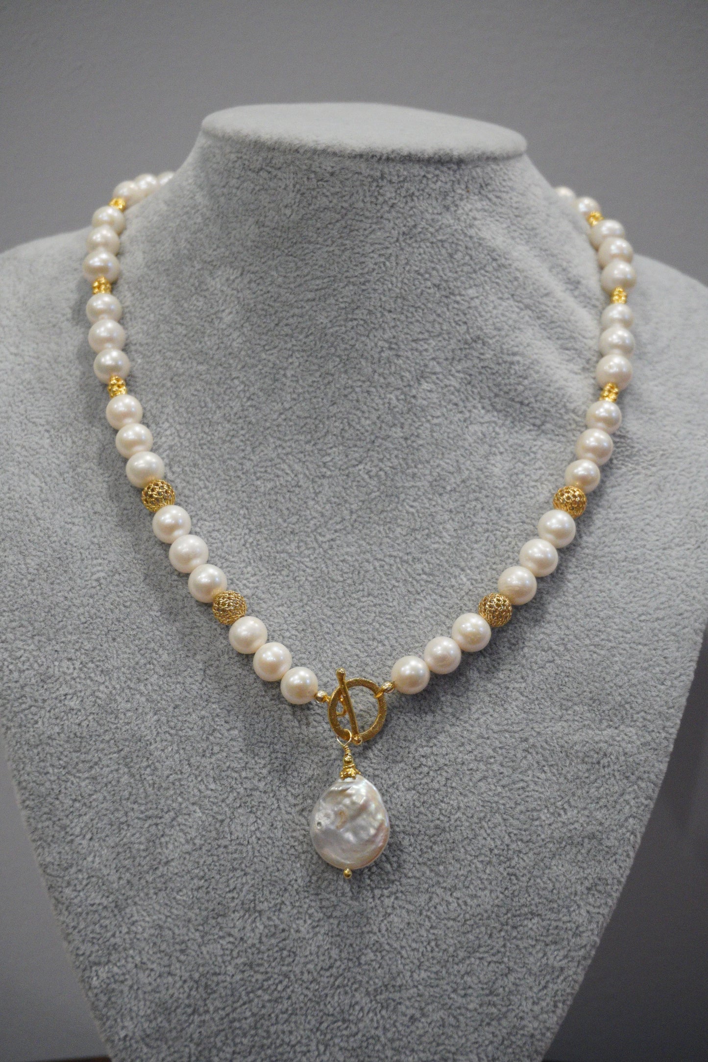 Naszyjnik, perła, srebro pozłacane