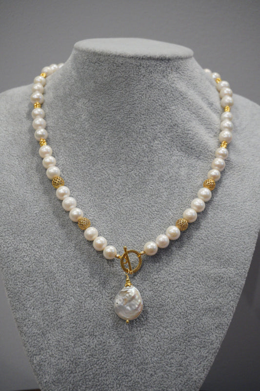 Naszyjnik, perła, srebro pozłacane