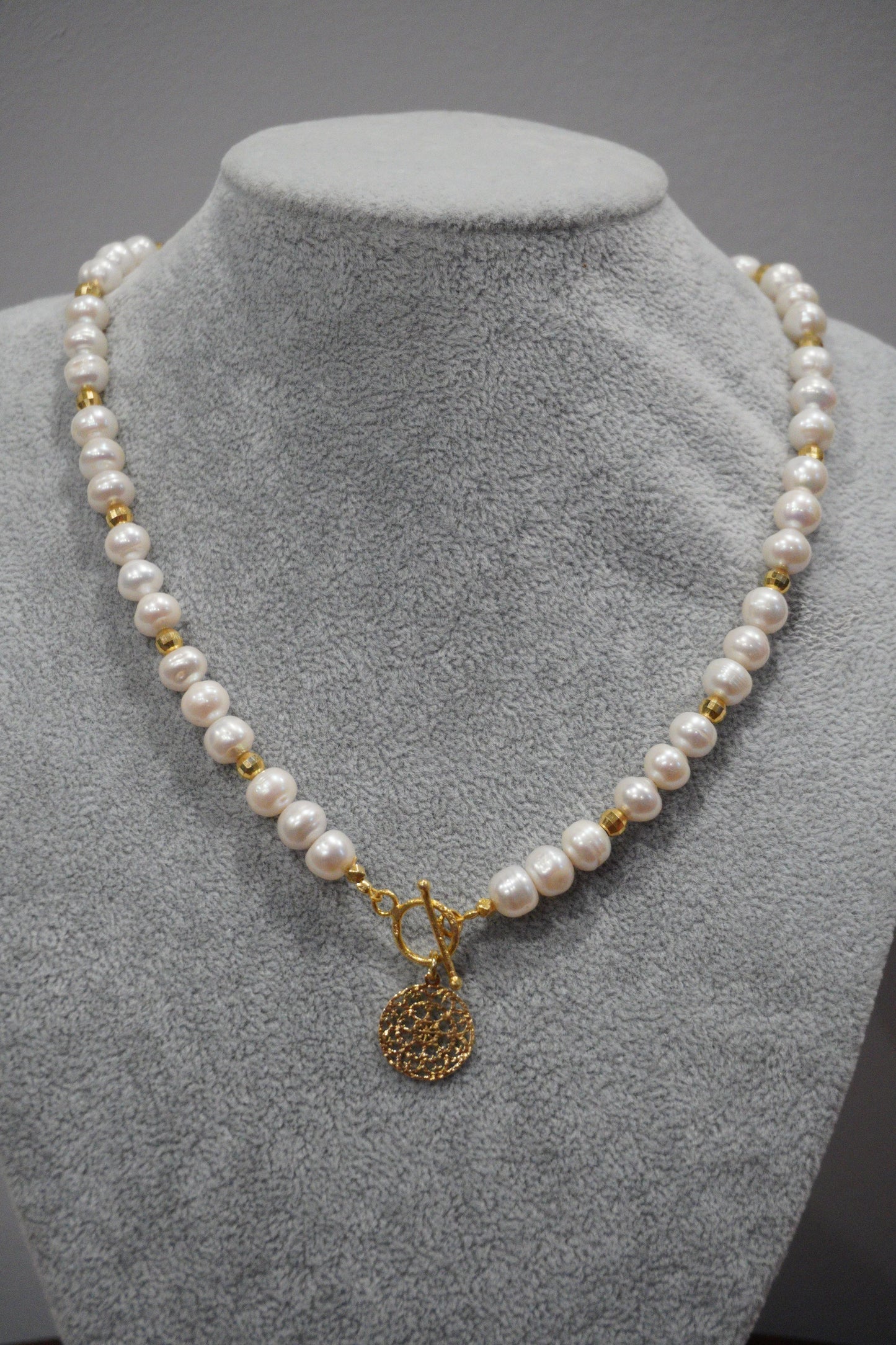 Naszyjnik, perła hodowlana, srebro pozłacane