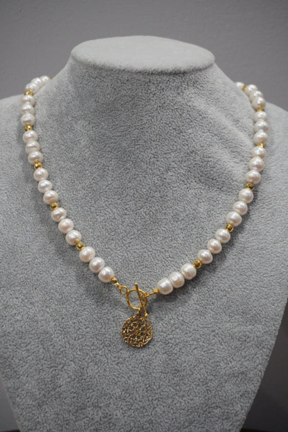 Naszyjnik, perła hodowlana, srebro pozłacane