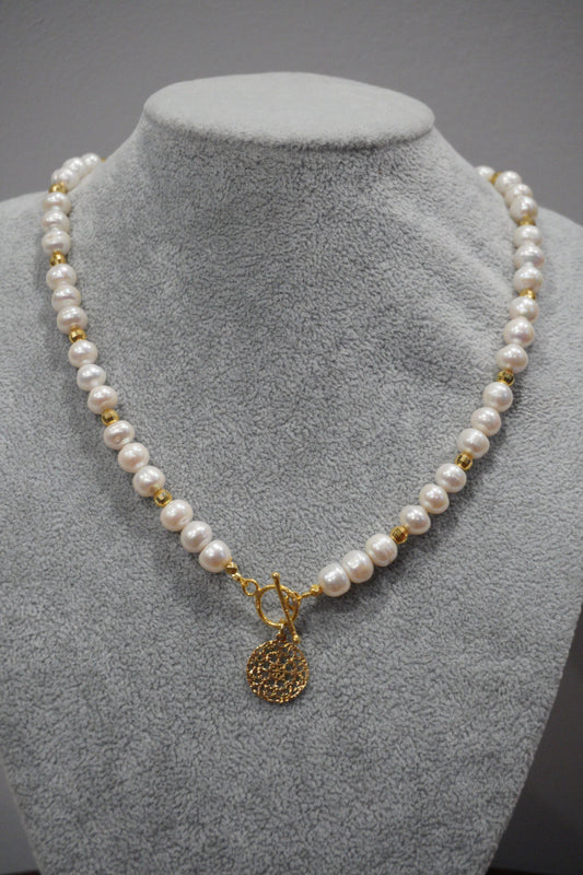 Naszyjnik, perła hodowlana, srebro pozłacane