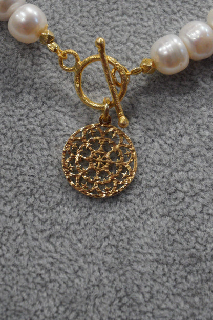 Naszyjnik, perła hodowlana, srebro pozłacane