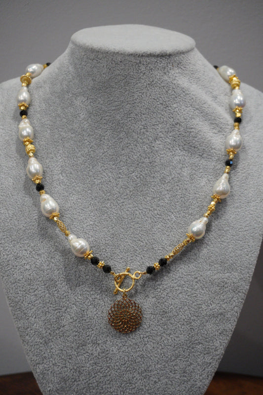 Naszyjnik, perła hodowlana, turmalin, srebro pozłacane