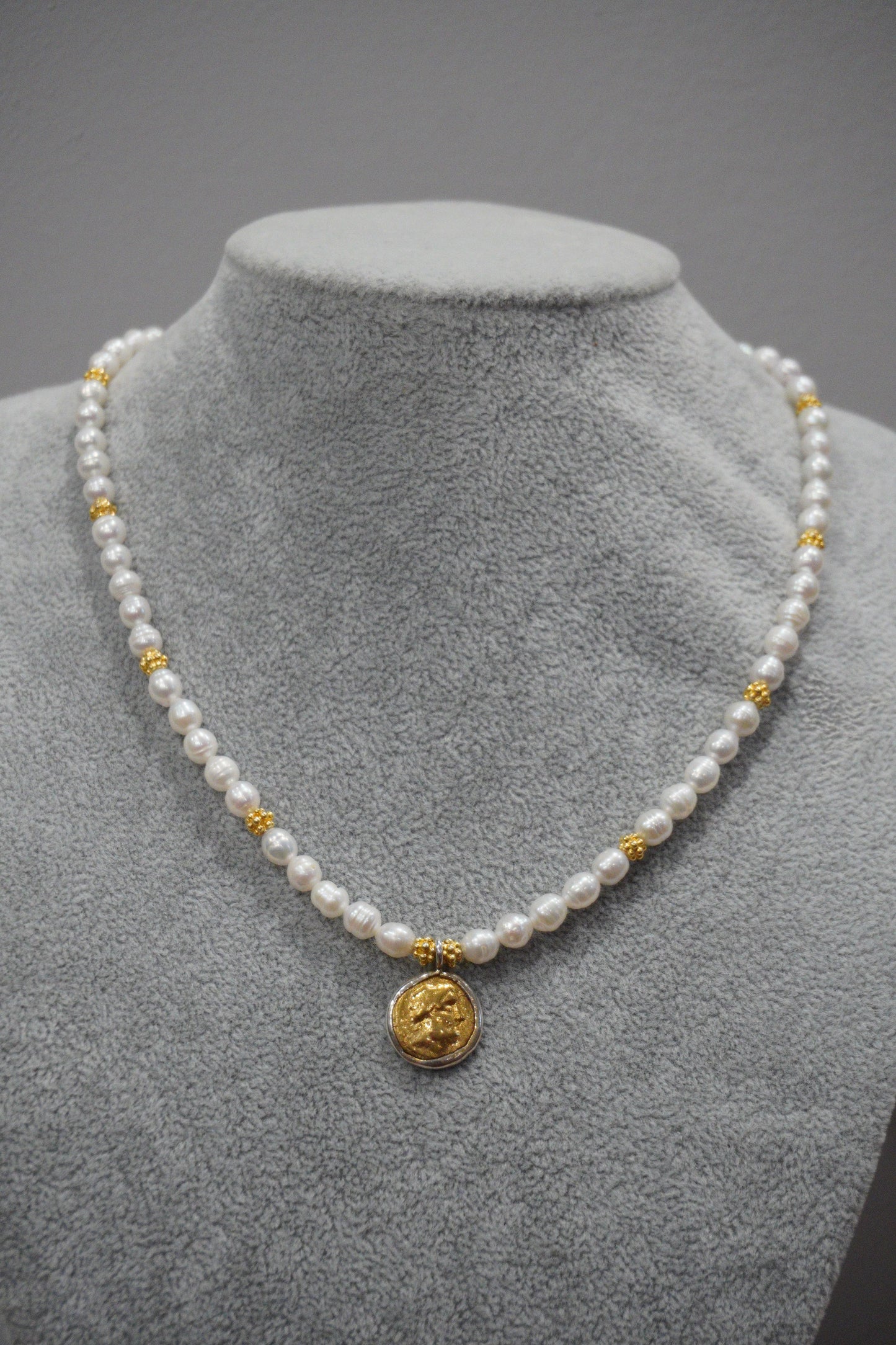 Naszyjnik, perła hodowlana, srebro pozłacane