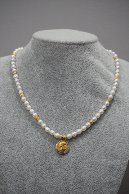 Naszyjnik, perła hodowlana, srebro pozłacane