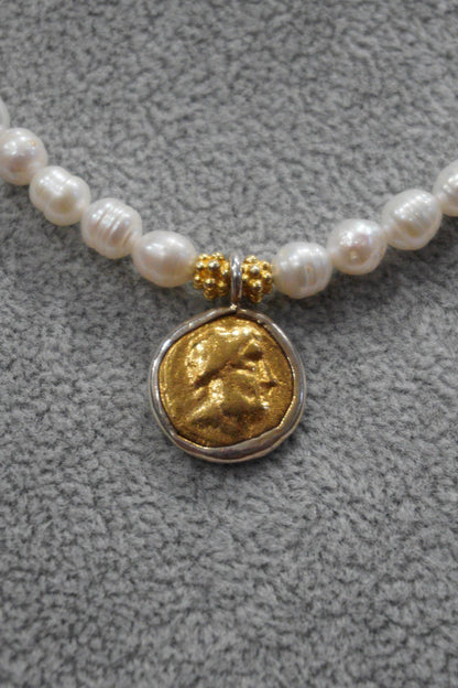 Naszyjnik, perła hodowlana, srebro pozłacane