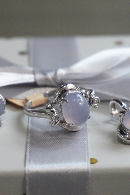 Pierścionek, kolczyki, zawieszka - komplet białe złoto pr. 585, kamień księżycowy